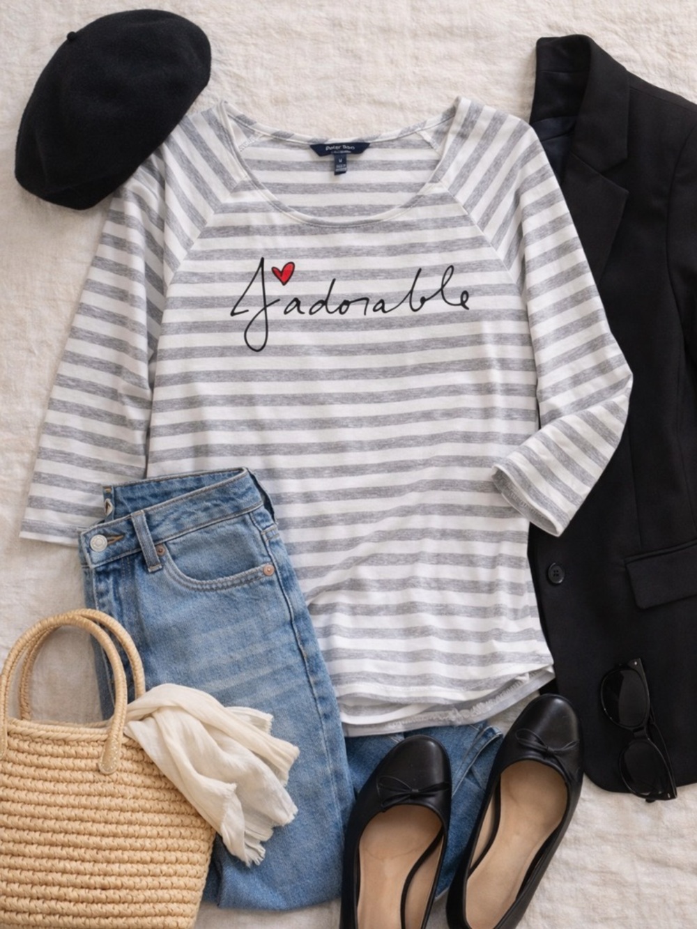 Peter Som French Girl Breton Stripe Graphic Tee Medium Gray White 3/4 Sleeve - Picture 2 of 6